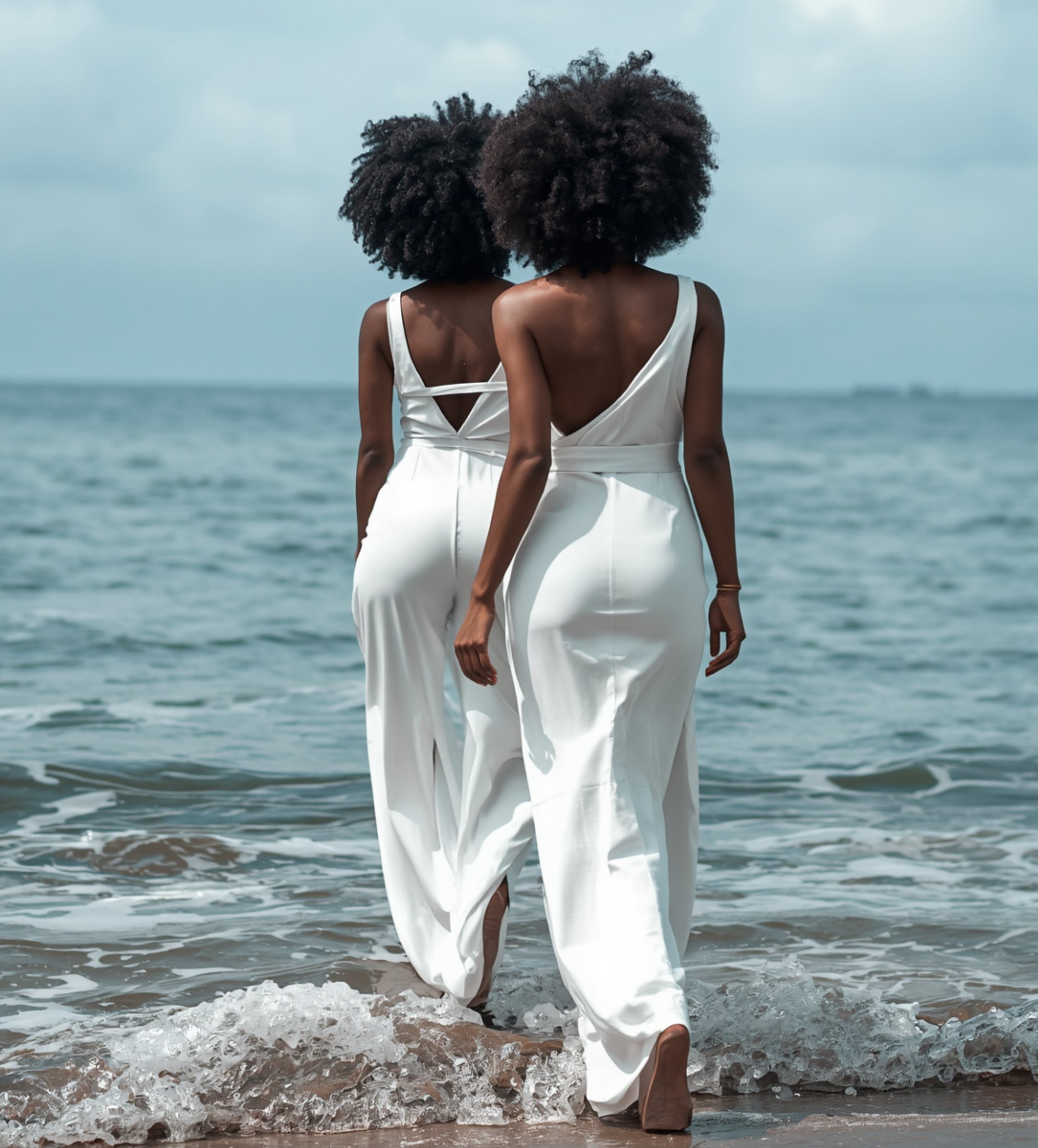 Two women walking together in white by the ocean